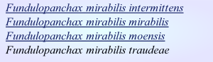 Fundulopanchax mirabilis intermittens
Fundulopanchax mirabilis mirabilis
Fundulopanchax mirabilis moensis
Fundulopanchax mirabilis traudeae