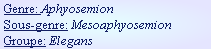 Genre: Aphyosemion
Sous-genre: Mesoaphyosemion
Groupe: Elegans