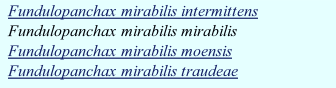 Fundulopanchax mirabilis intermittens
Fundulopanchax mirabilis mirabilis
Fundulopanchax mirabilis moensis
Fundulopanchax mirabilis traudeae																