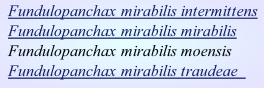 Fundulopanchax mirabilis intermittens
Fundulopanchax mirabilis mirabilis
Fundulopanchax mirabilis moensis
Fundulopanchax mirabilis traudeae																