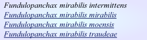 Fundulopanchax mirabilis intermittens
Fundulopanchax mirabilis mirabilis
Fundulopanchax mirabilis moensis
Fundulopanchax mirabilis traudeae																