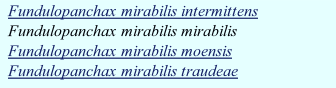 Fundulopanchax mirabilis intermittens
Fundulopanchax mirabilis mirabilis
Fundulopanchax mirabilis moensis
Fundulopanchax mirabilis traudeae