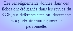 Les renseignements donnés dans ces fiches ont été glanés dans les revues du KCF, sur différents sites ou  documents  et à partir de mon expérience personnelle. 
